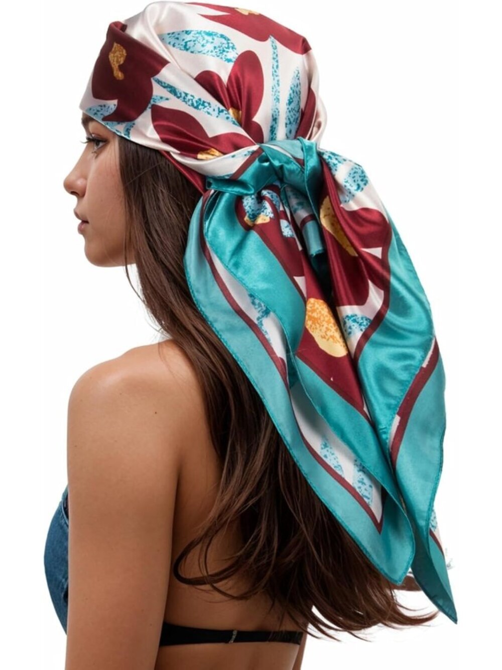 Women's Turquoise Red Printed Square Scarf Bandanas Hair Scarf 35 Inches - Picture 1 of 6